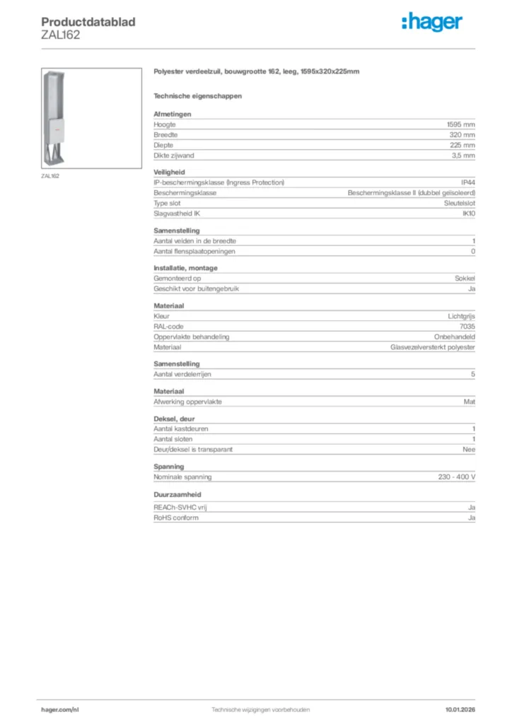 Afbeelding Hager Productdatablad ZAL162 | Hager Nederland
