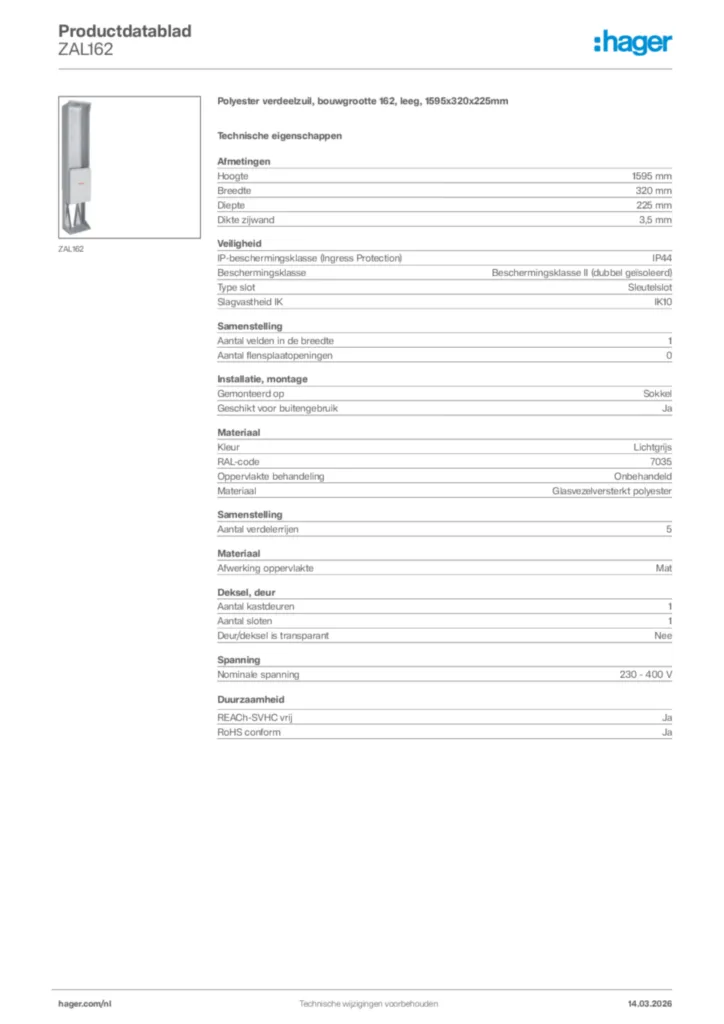 Afbeelding Hager Productdatablad ZAL162 | Hager Nederland