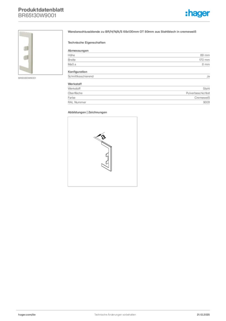 Bild Hager Produktdatenblatt BR65130W9001 | Hager Deutschland