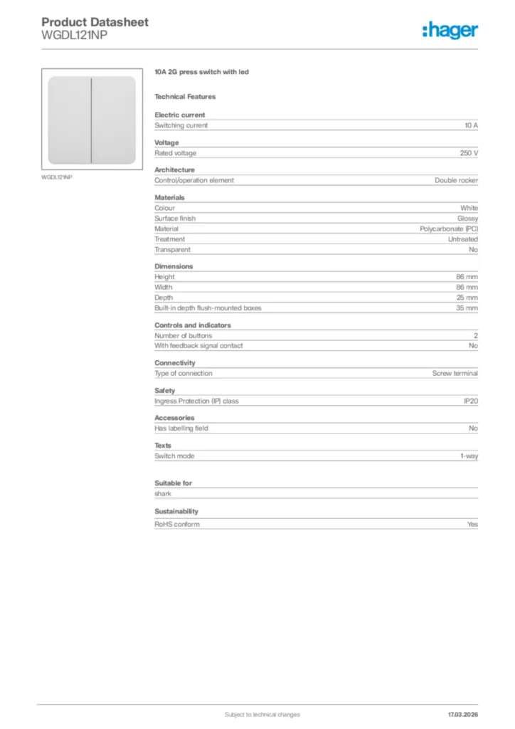 Image Hager Product data sheet WGDL121NP  | Hager