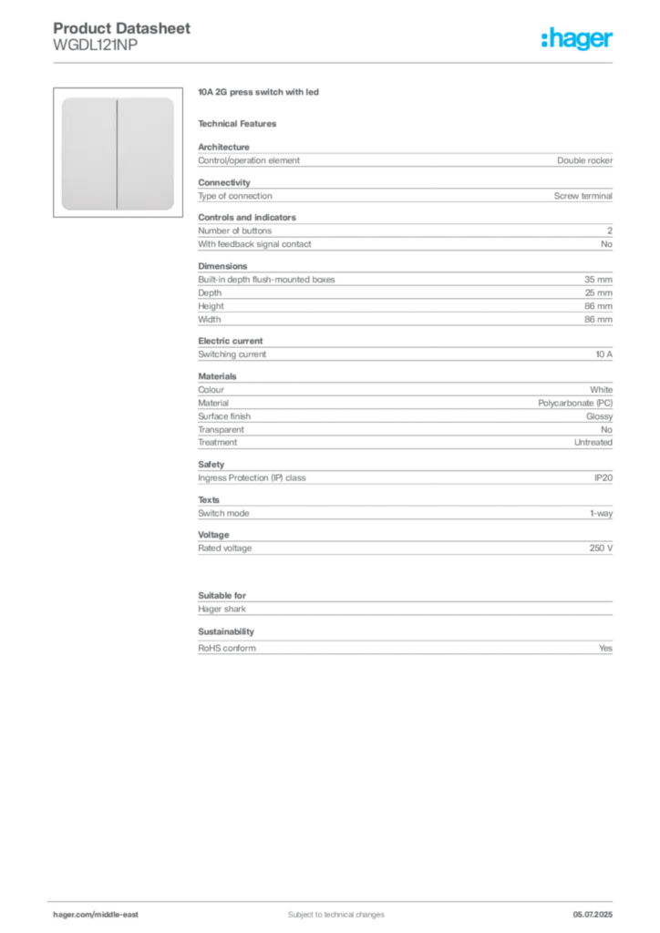 Image Hager Product data sheet WGDL121NP  | Hager