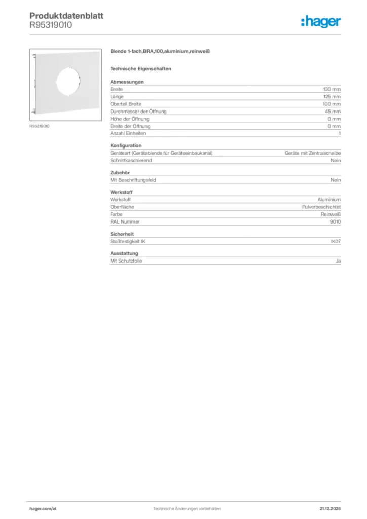 Bild Hager Produktdatenblatt R95319010 | Hager Deutschland