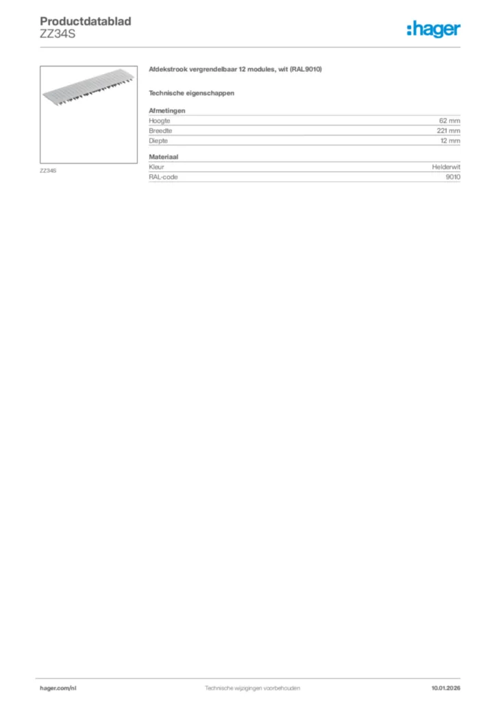 Afbeelding Hager Productdatablad ZZ34S | Hager Nederland