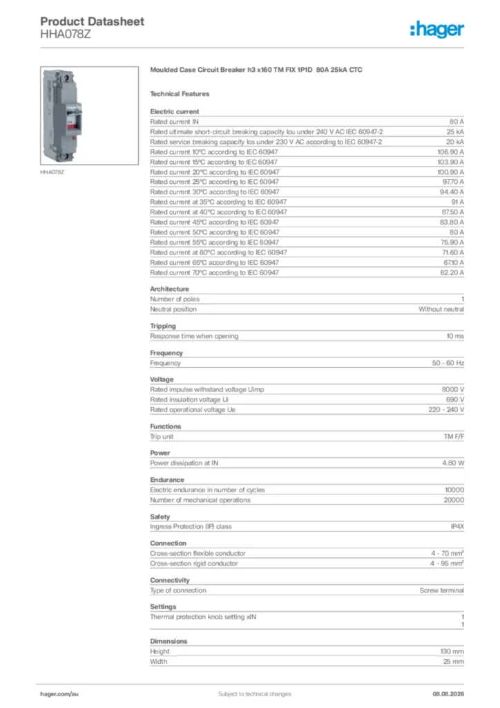 Image Hager Product data sheet HHA078Z  | Hager Australia