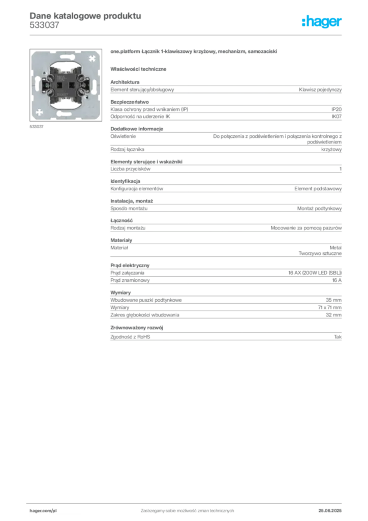 Zdjęcie Hager Dane katalogowe produktu 533037 | Hager Polska