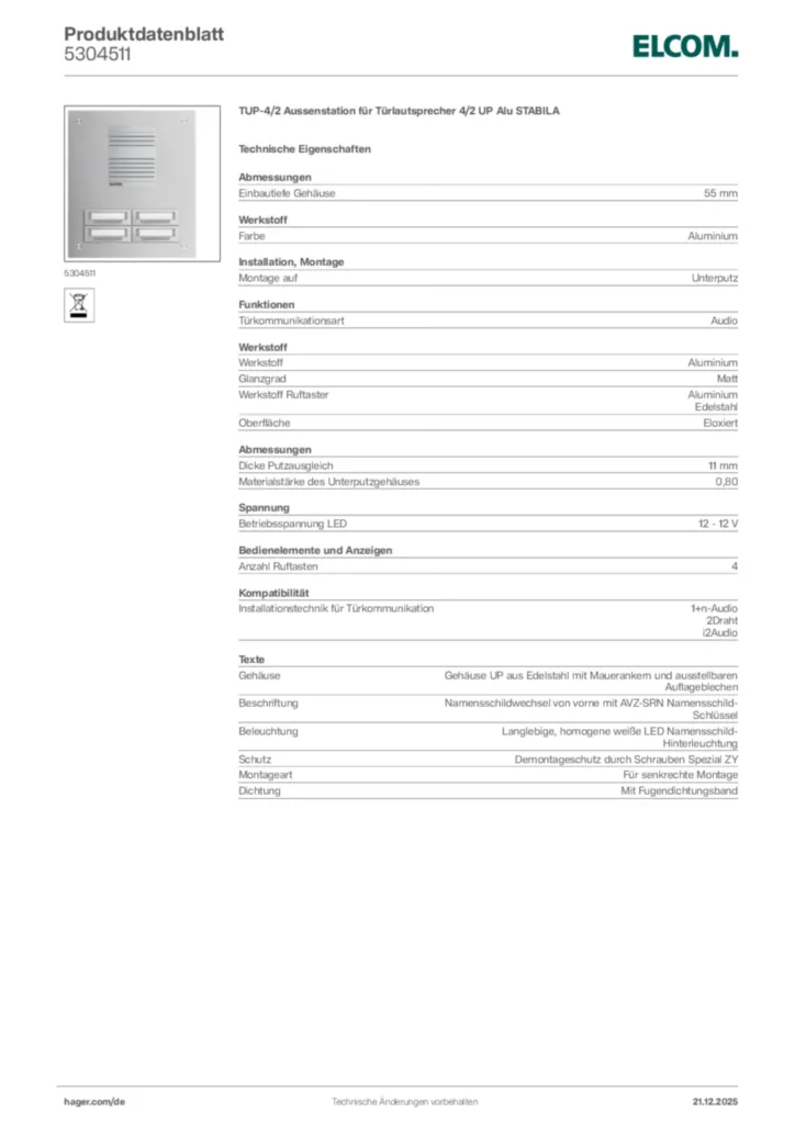 Bild Elcom Produktdatenblatt 5304511 | Hager Deutschland
