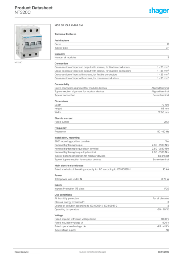 Image Hager Product data sheet NT320C  | Hager New Zealand