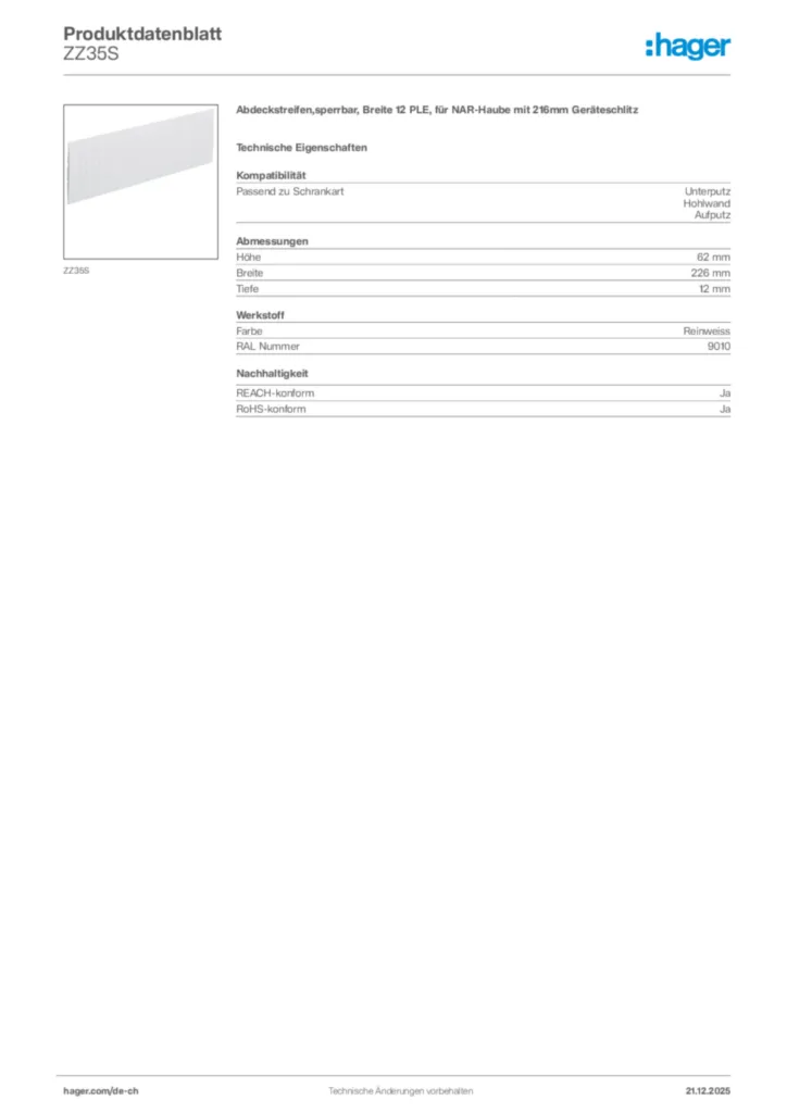 Bild Hager Produktdatenblatt ZZ35S | Hager Schweiz