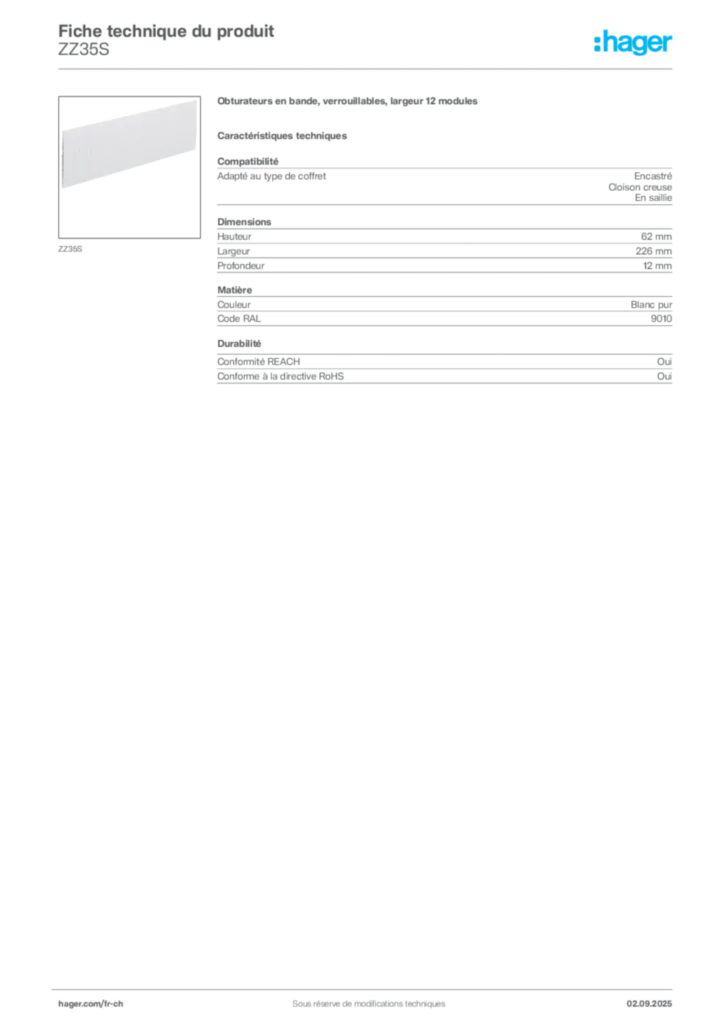 Image Hager Fiche technique du produit ZZ35S | Hager Suisse