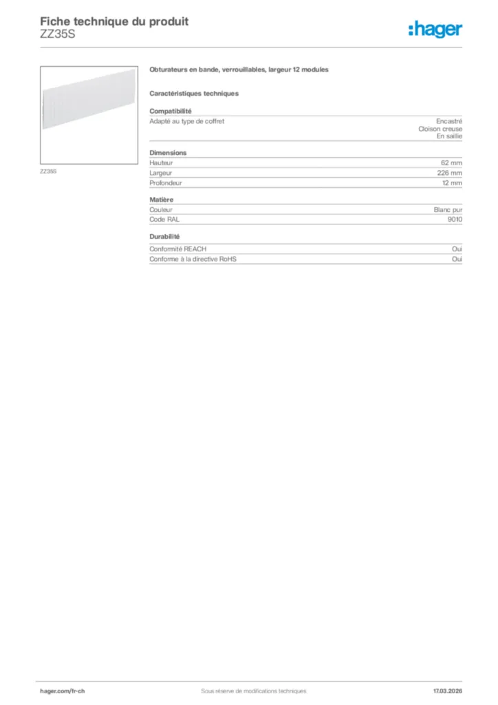 Image Hager Fiche technique du produit ZZ35S | Hager Suisse