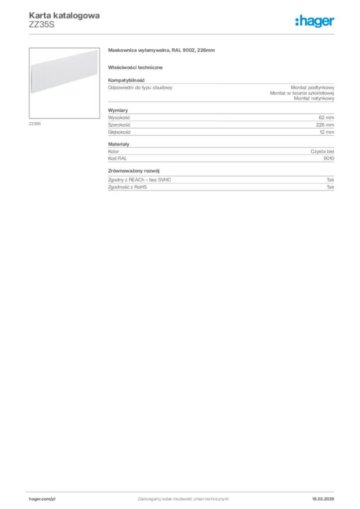 Zdjęcie Hager Karta katalogowa ZZ35S | Hager Polska