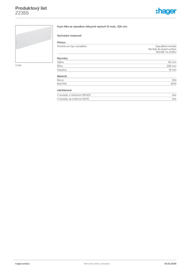 Obrázek Hager Product data sheet ZZ35S | Hager
