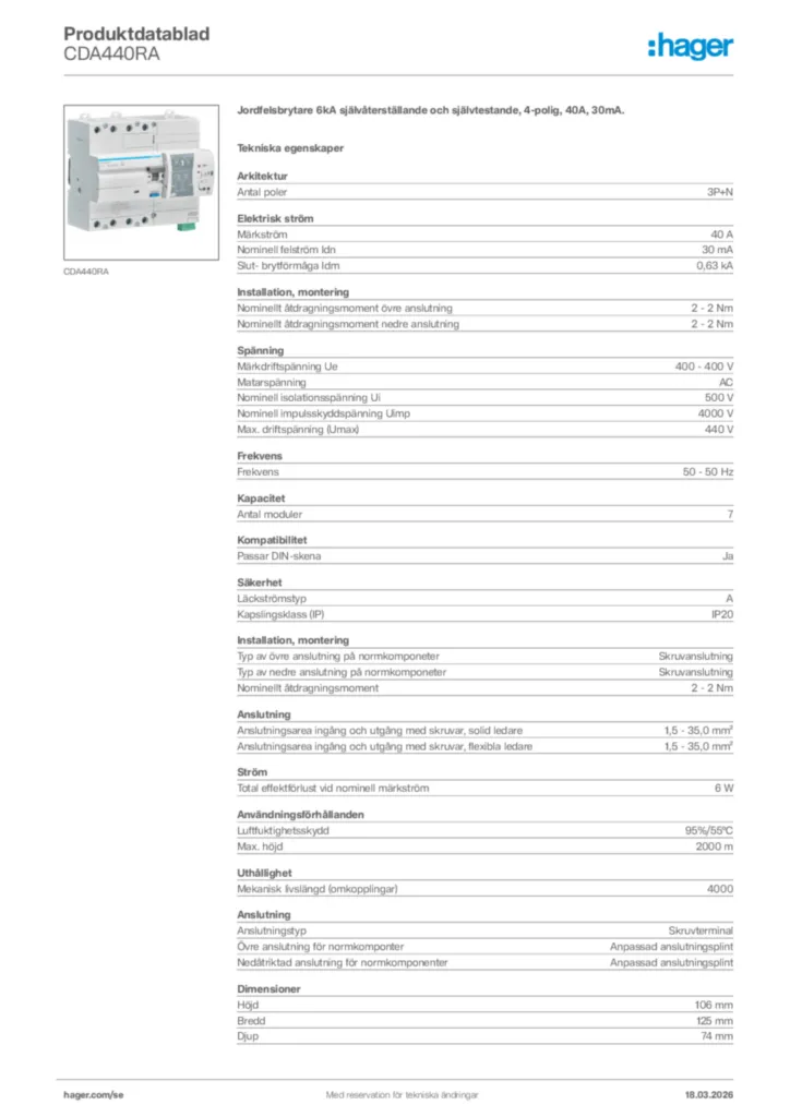 Bild Hager Produktdatablad CDA440RA | Hager Sverige