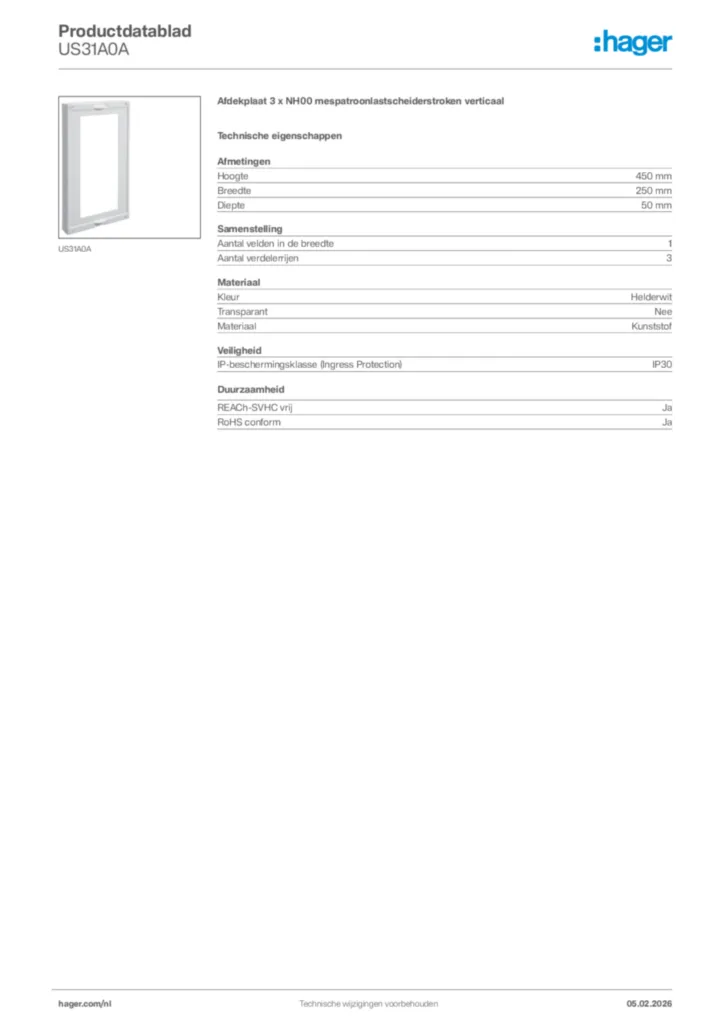 Afbeelding Hager Productdatablad US31A0A | Hager Nederland
