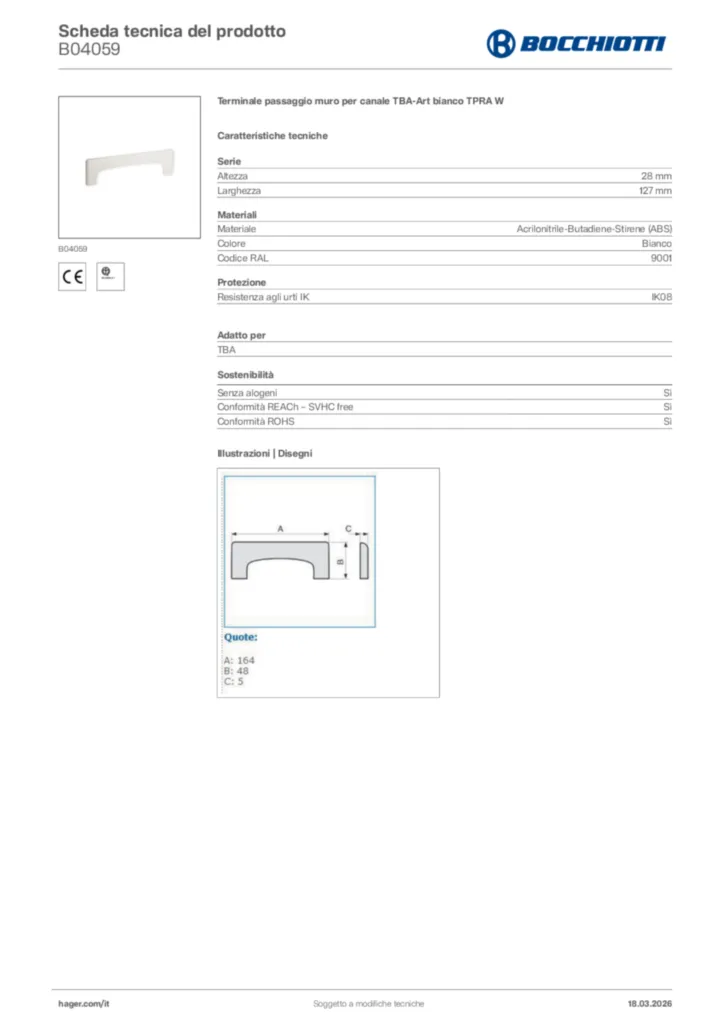 Immagine Bocchiotti Scheda tecnica del prodotto B04059 | Hager Italia