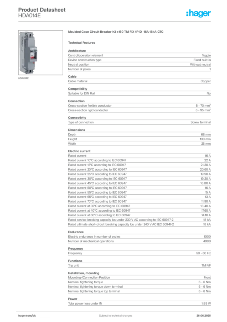 Image Hager Product data sheet HDA014E  | Hager