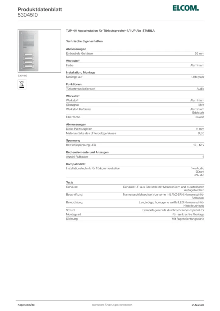 Bild Elcom Produktdatenblatt 5304510 | Hager Deutschland