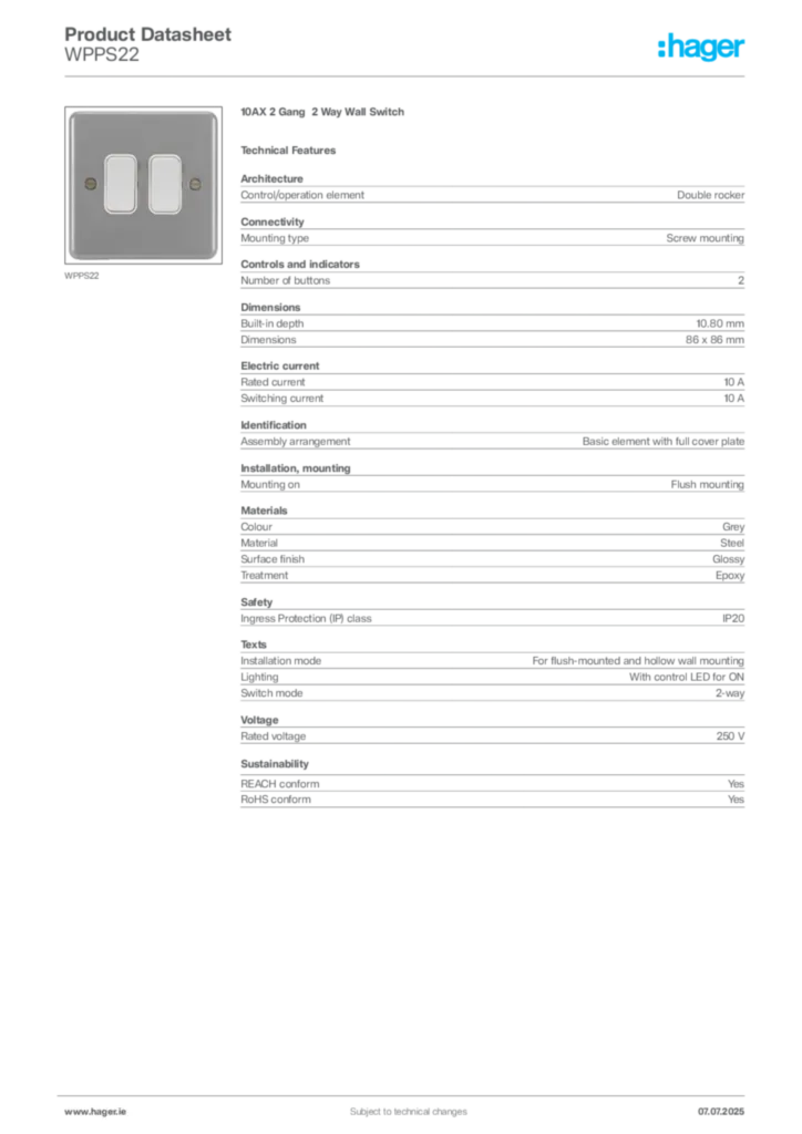 Image Hager Product data sheet WPPS22  | Hager