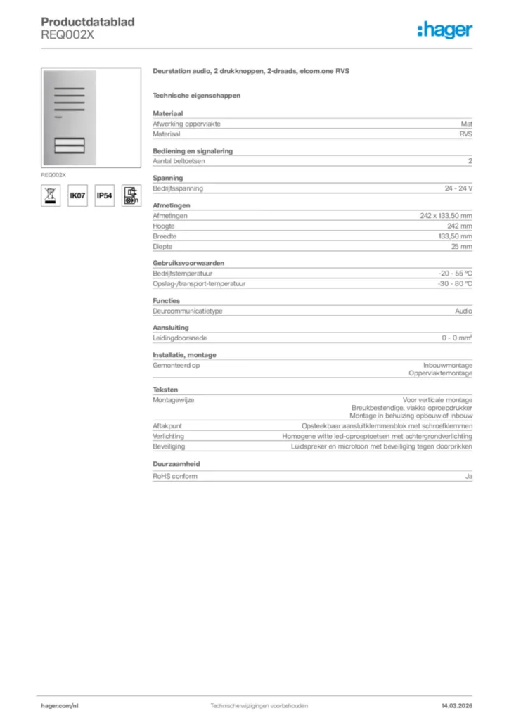 Afbeelding Hager Productdatablad REQ002X | Hager Nederland