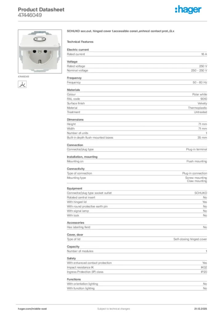 Image Hager Product data sheet 47446049  | Hager