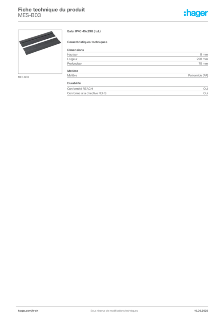 Image Hager Fiche technique du produit MES-B03 | Hager Suisse