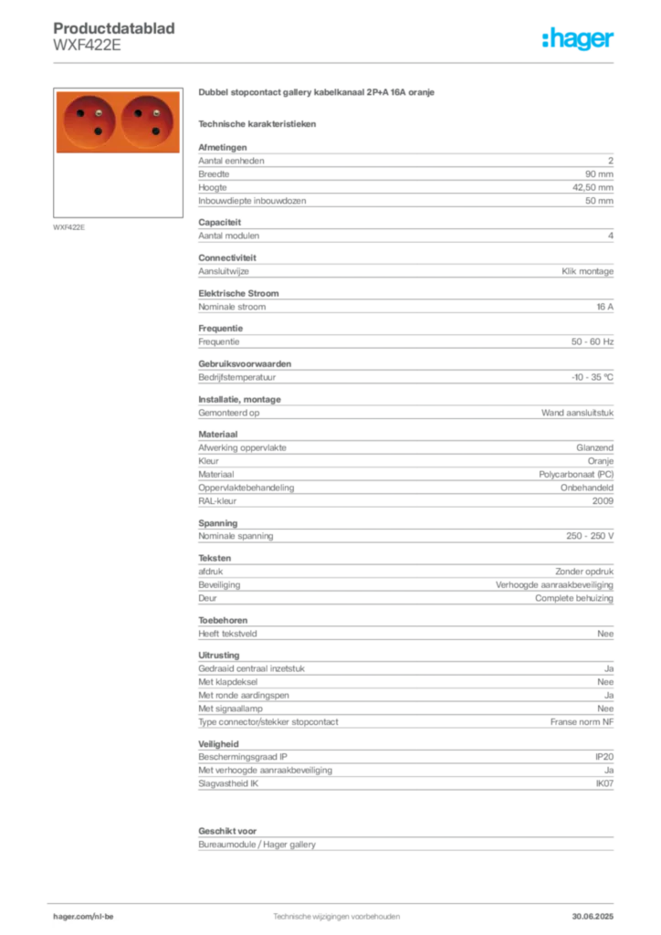 Afbeelding Hager Productdatablad WXF422E | Hager Belgium