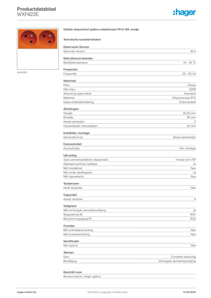 Afbeelding Hager Productdatablad WXF422E | Hager Belgium