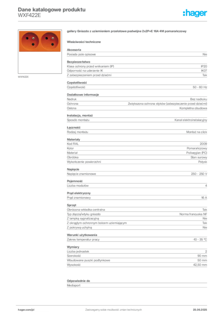 Zdjęcie Hager Dane katalogowe produktu WXF422E | Hager Polska
