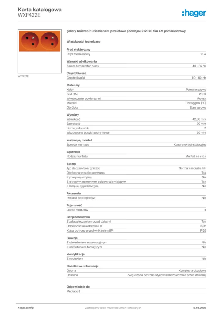 Zdjęcie Hager Karta katalogowa WXF422E | Hager Polska