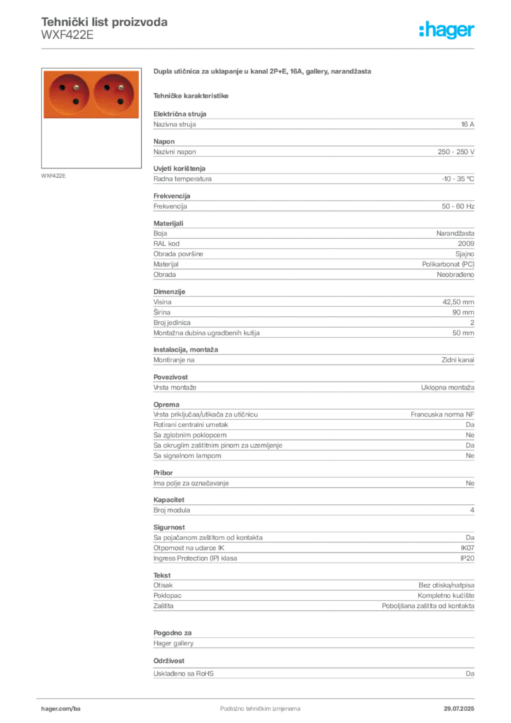 Slika Hager Product data sheet WXF422E  | Hager