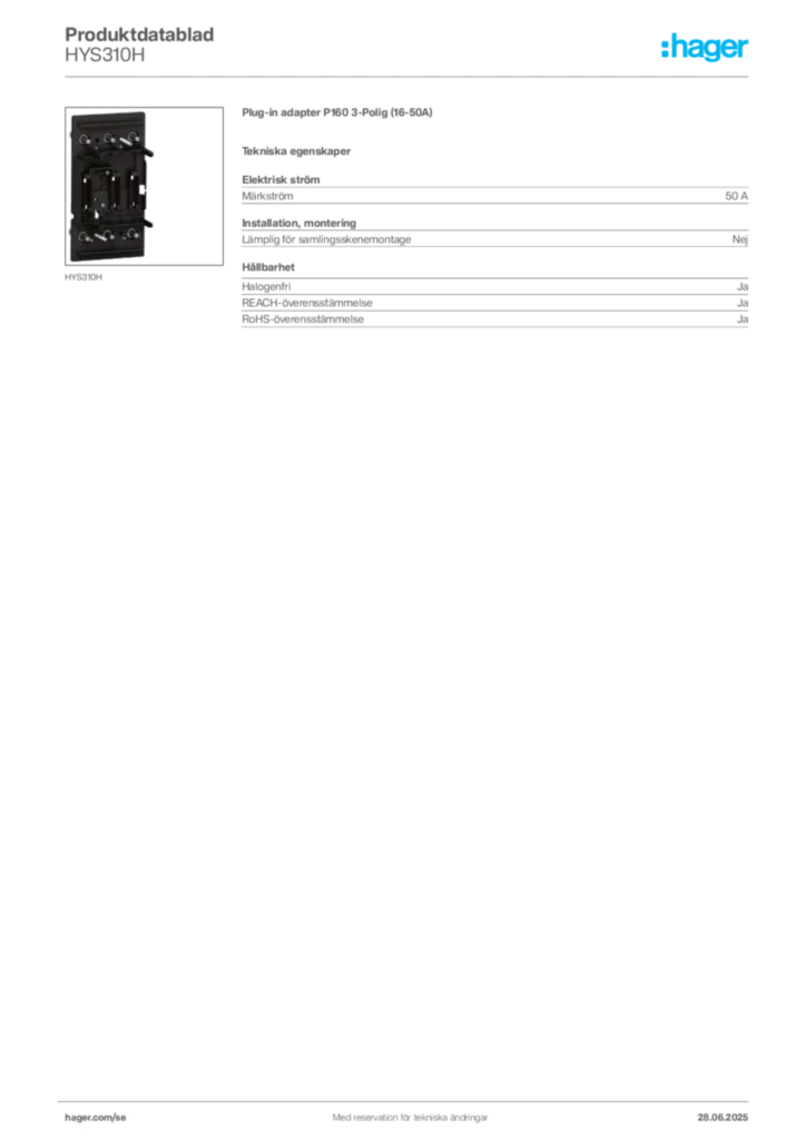 Bild Hager Produktdatablad HYS310H | Hager Sverige