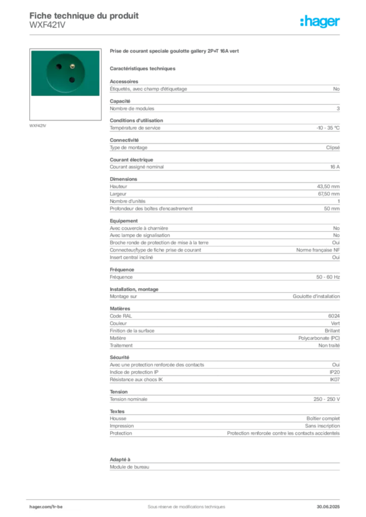 Image Hager Fiche technique du produit WXF421V | Hager Belgique