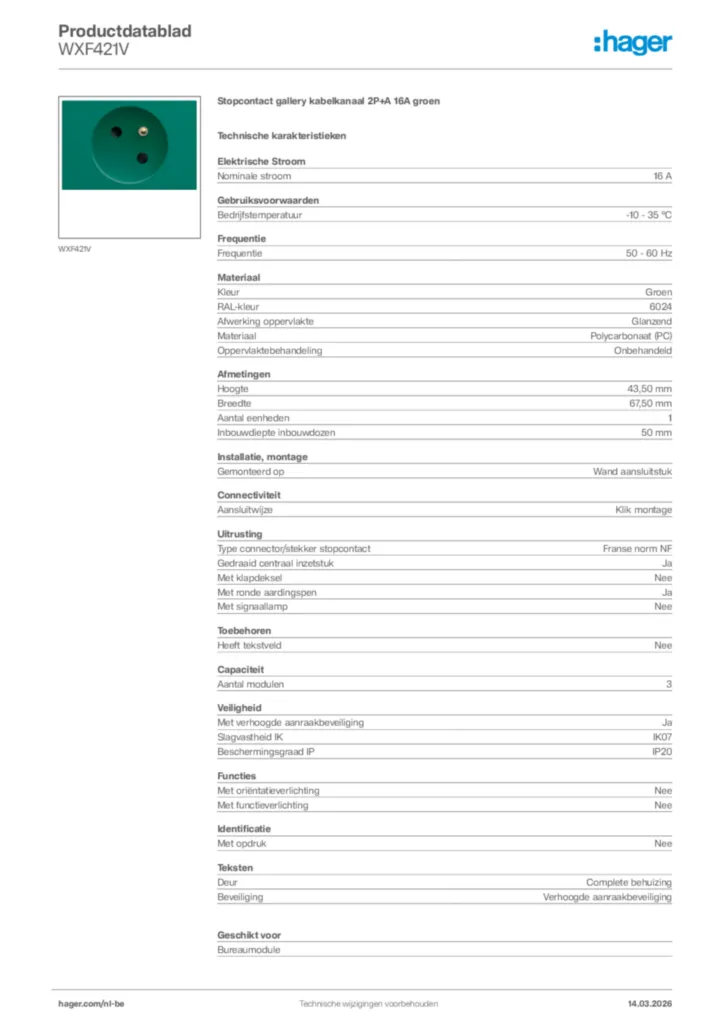 Afbeelding Hager Productdatablad WXF421V | Hager Belgium