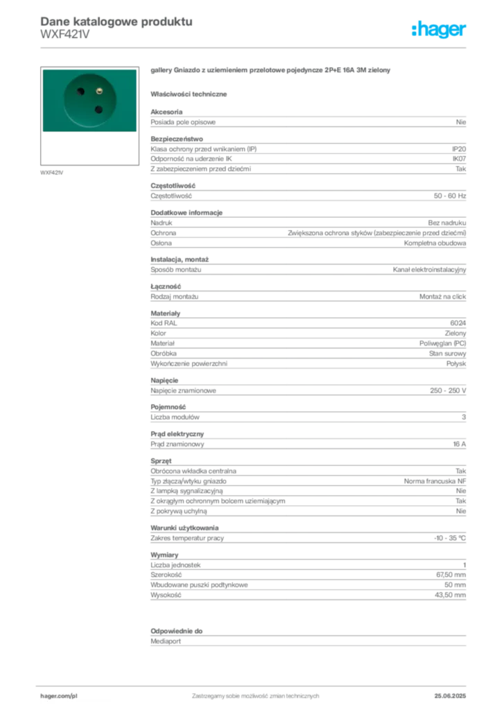 Zdjęcie Hager Dane katalogowe produktu WXF421V | Hager Polska