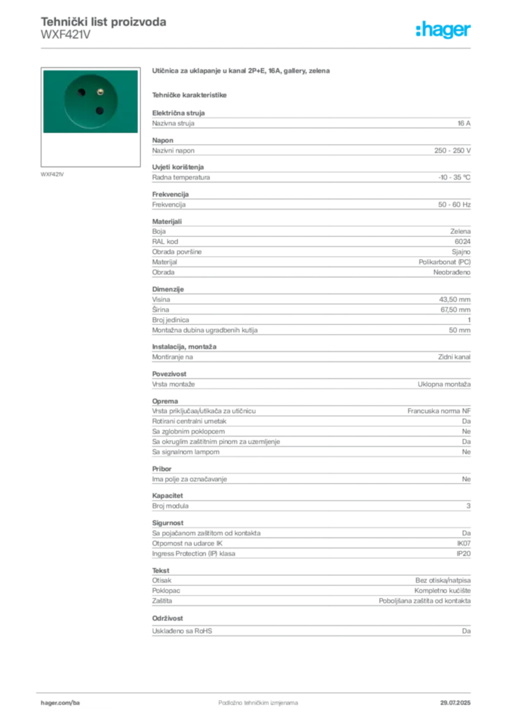 Slika Hager Product data sheet WXF421V  | Hager