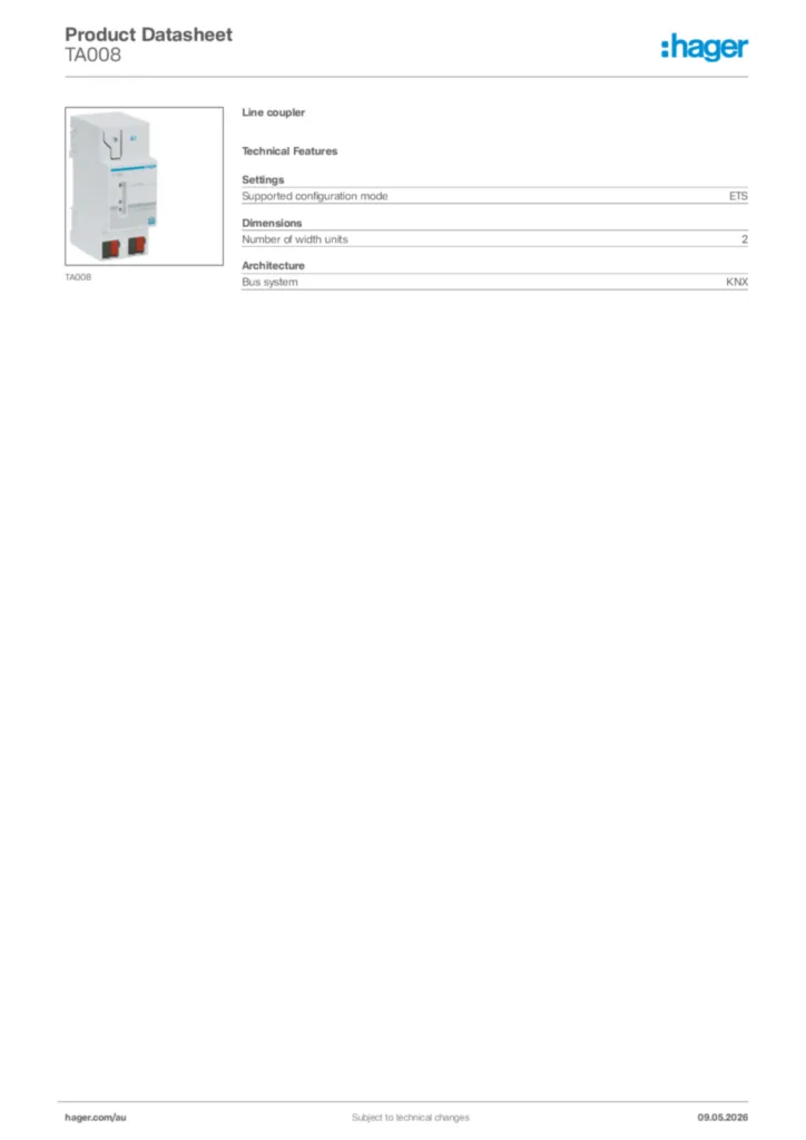 Image Hager Product data sheet TA008  | Hager Australia