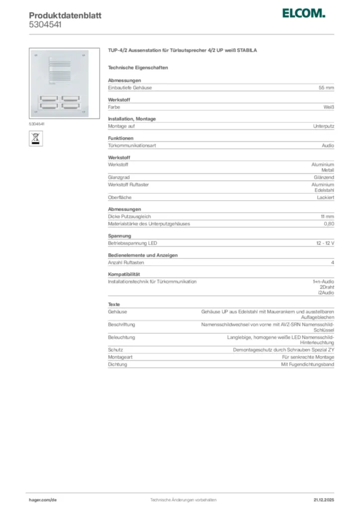 Bild Elcom Produktdatenblatt 5304541 | Hager Deutschland