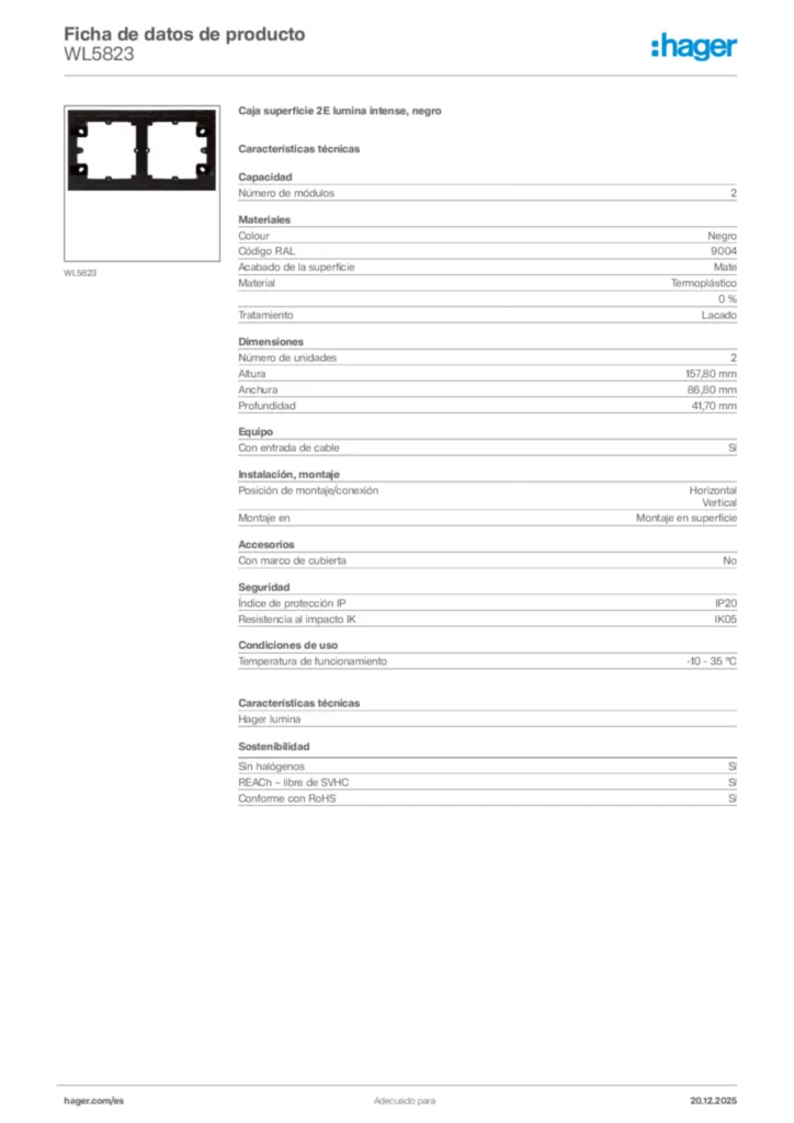 Imagen Hager Ficha de datos de producto WL5823 | Hager España