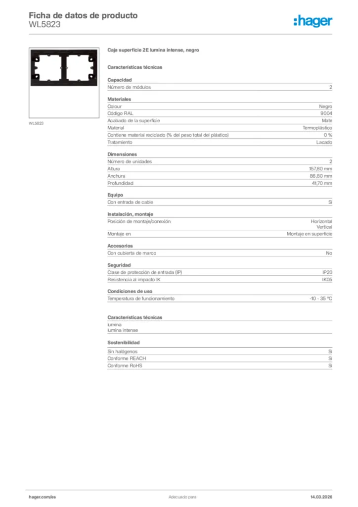 Imagen Hager Ficha de datos de producto WL5823 | Hager España