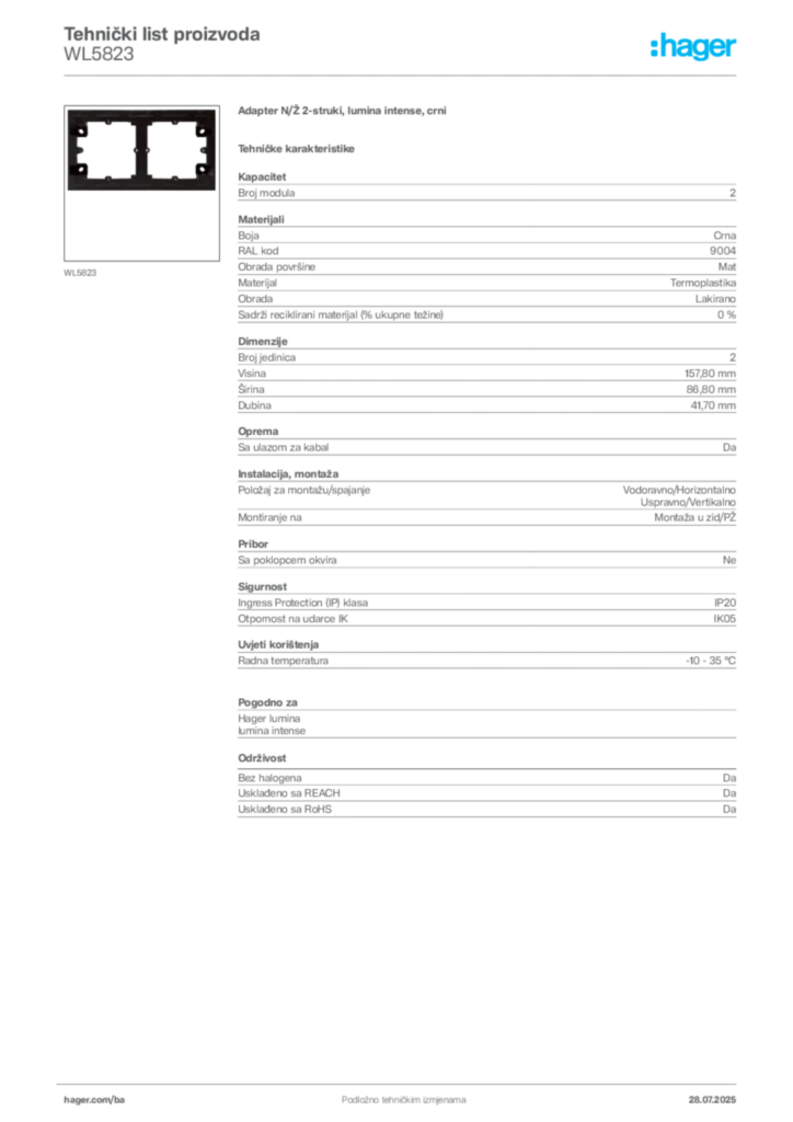 Slika Hager Product data sheet WL5823  | Hager