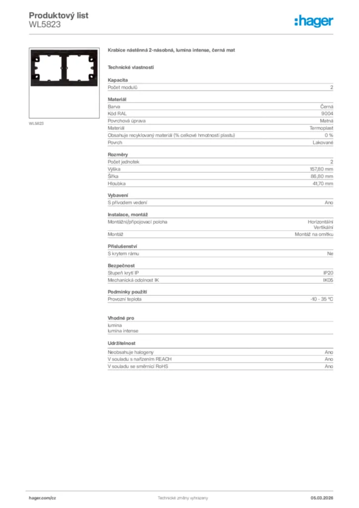 Obrázek Hager Product data sheet WL5823 | Hager