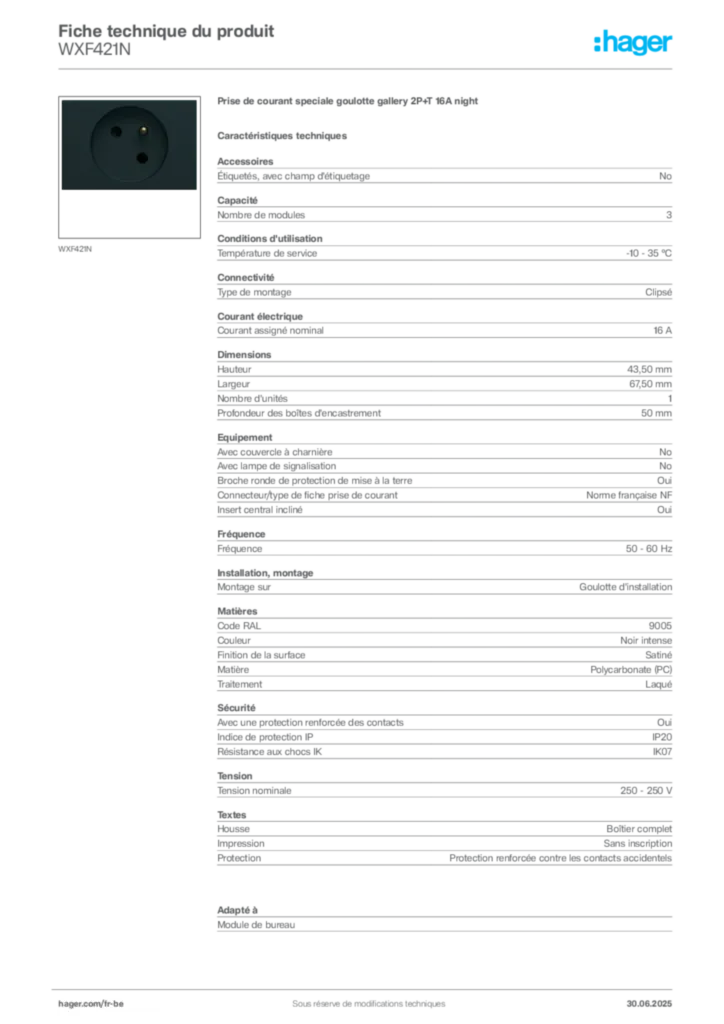 Image Hager Fiche technique du produit WXF421N | Hager Belgique