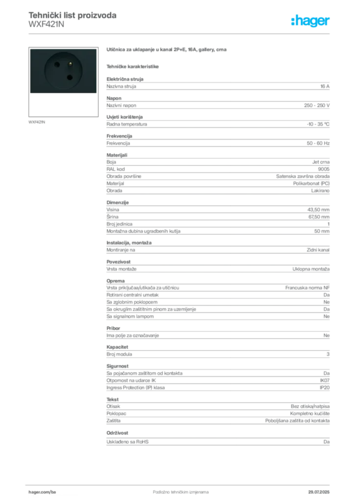 Slika Hager Product data sheet WXF421N  | Hager