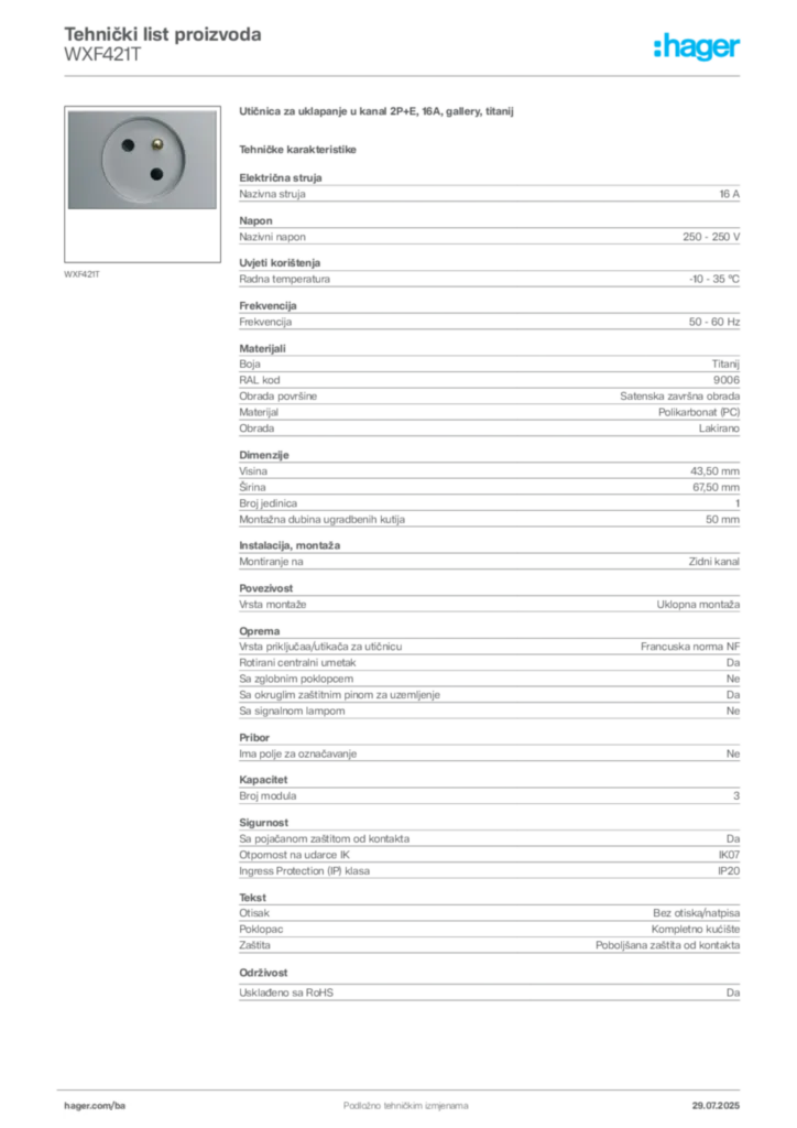 Slika Hager Product data sheet WXF421T  | Hager