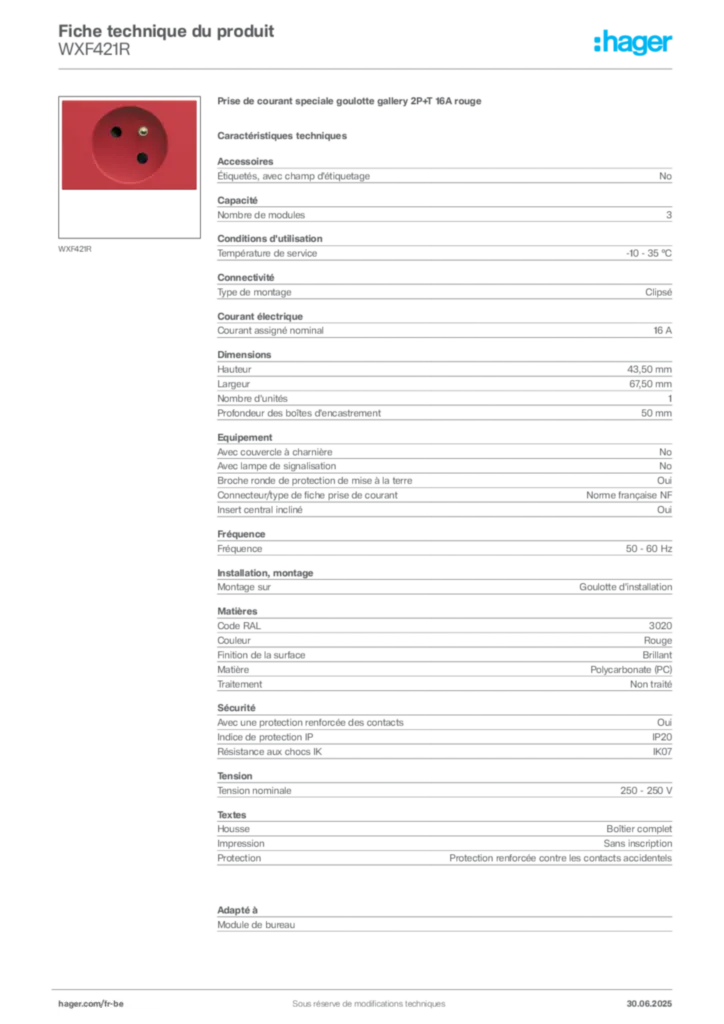 Image Hager Fiche technique du produit WXF421R | Hager Belgique