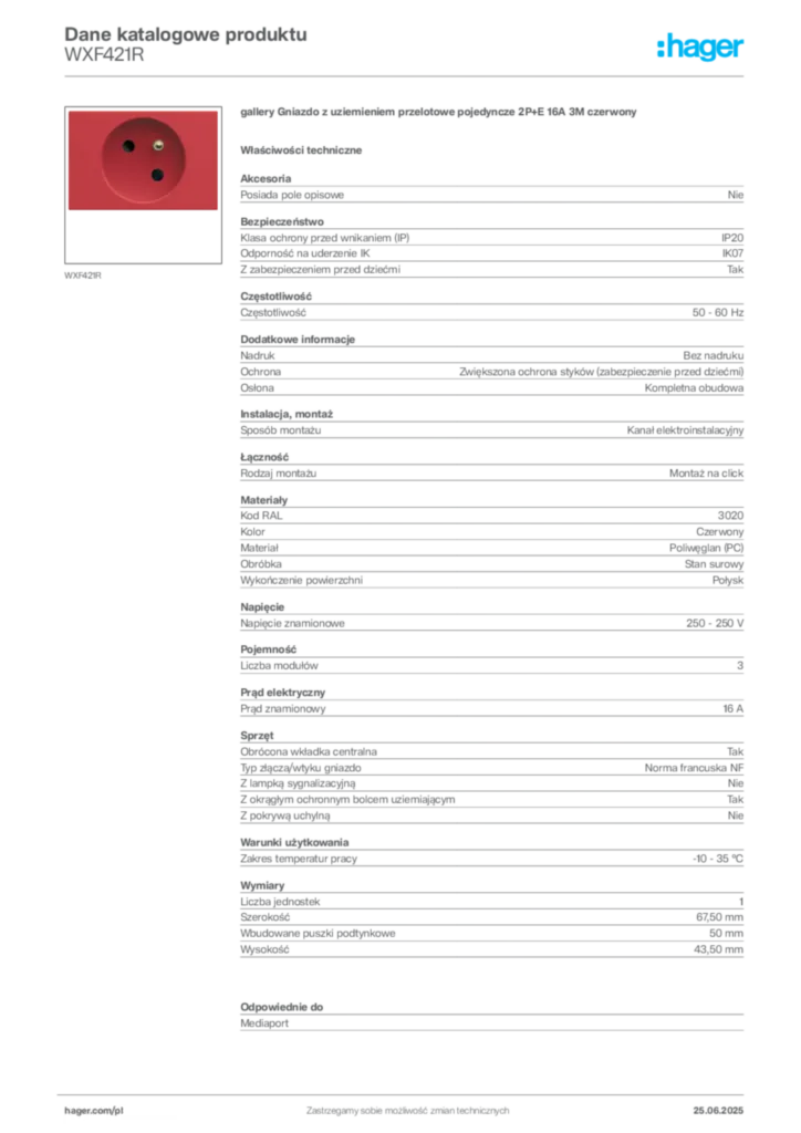 Zdjęcie Hager Dane katalogowe produktu WXF421R | Hager Polska