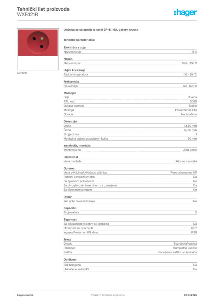 Slika Hager Product data sheet WXF421R  | Hager