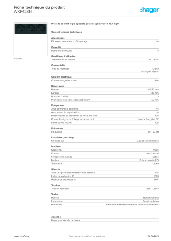 Image Hager Fiche technique du produit WXF423N | Hager Belgique