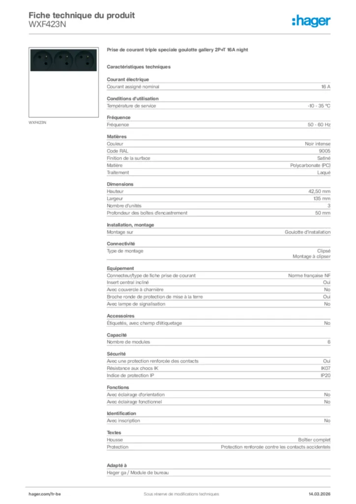Image Hager Fiche technique du produit WXF423N | Hager Belgique