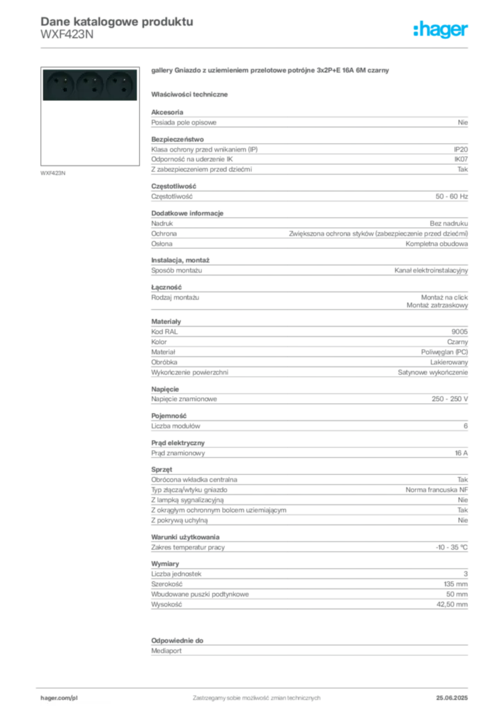 Zdjęcie Hager Dane katalogowe produktu WXF423N | Hager Polska